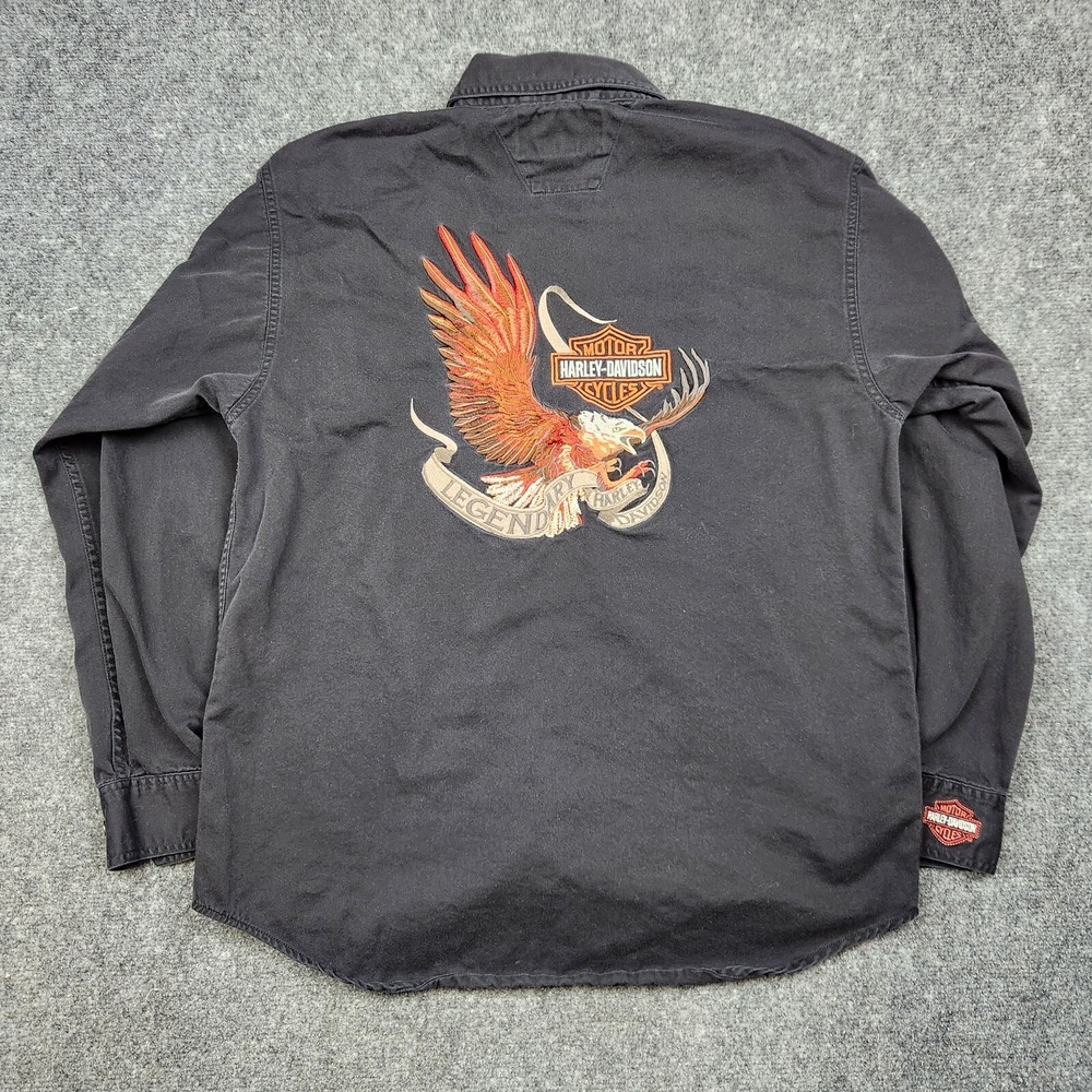 VTG Harley‎ Davidson Shirt Mens Medium Black Eagle Embroidered Patch Biker Moto